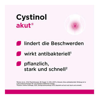 Grafik Cystinol akut Dragees Lindert die Beschwerden. Wirkt antibakteriell. Pflanzlich, stark und schnell