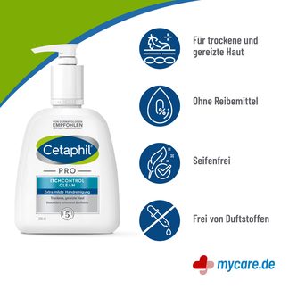 Infografik Cetaphil PRO ItchControl Clean Extra milde Handreinigung Eigenschaften