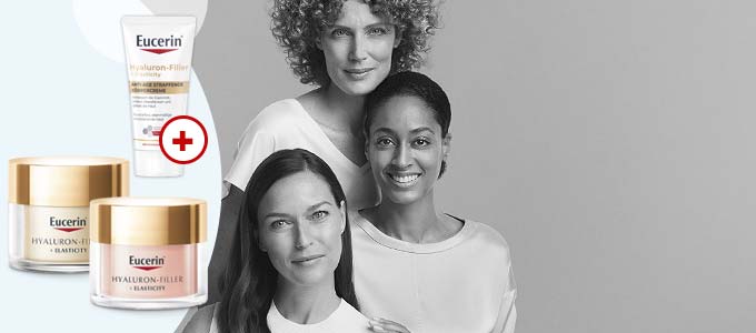3 Frauen unterschiedlichen Alters in Grautönen lächeln. Daneben sieht man einige Produkte aus der Eucerin Hyaluron-Filler Serie.