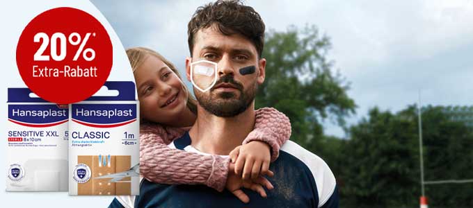 Mann mit Kriegsbemalung und einem Pflaster auf der Wange. Ein Mädchen umarmt ihn. 20% Extra-Rabatt auf ausgewählte Hansaplast Produkte. Mann mit Kriegsbemalung und einem Pflaster auf der Wange. Ein Mädchen umarmt ihn. 20% Extra-Rabatt auf ausgewählte Hansaplast Produkte.