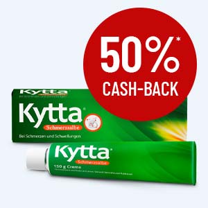 Kytta Schmerzsalbe mit dem Hinweis auf 50% Cash-Back