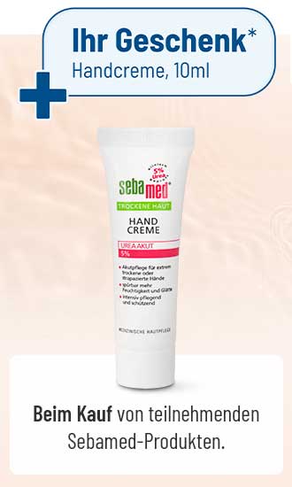 Kostenlose Sebamed Handcreme 10 ml als Geschenk beim Kauf teilnehmender Produkte. Weiße Tube vor hellem Hintergrund.
