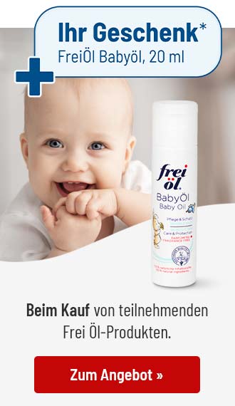 Gratis Babyöl (20 ml) beim Kauf von Frei Öl Produkten. Zu sehen ist ein lachendes Baby und eine Produktabbildung für sanfte Babypflege und empfindliche Haut.