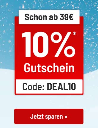 Werbegrafik Schon ab 39 Euro 10 Prozent Gutschein Code DEAL10 mit Button Jetzt sparen vor winterlichem Hintergrund.