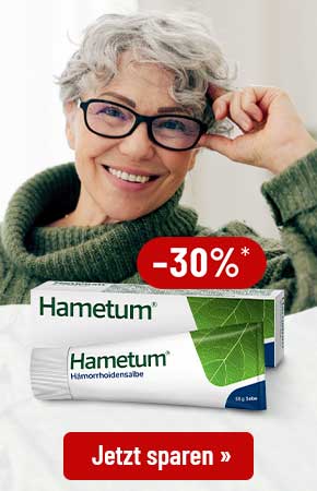 Hametum Hämorrhoidensalbe mit 30 % Rabatt, lächelnde ältere Frau im Hintergrund, Button „Jetzt sparen“