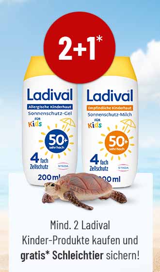 Ladival Kinder Sonnencreme im 2+1 Angebot, gratis Schleichtier Schildkröte bei Kauf von mindestens zwei Ladival Kinder-Produkten.