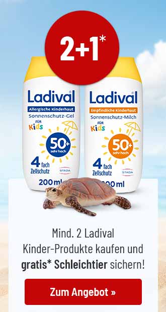 Ladival Kinder Sonnencreme im 2+1 Angebot, gratis Schleichtier Schildkröte bei Kauf von mindestens zwei Ladival Kinder-Produkten.