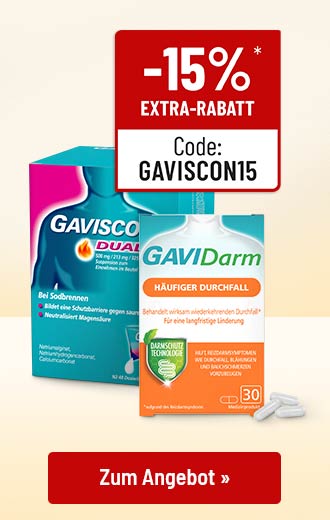 Gaviscon Dual und GaviDarm mit 15 % Extra-Rabatt, Code GAVISCON15 und Button Zum Angebot
