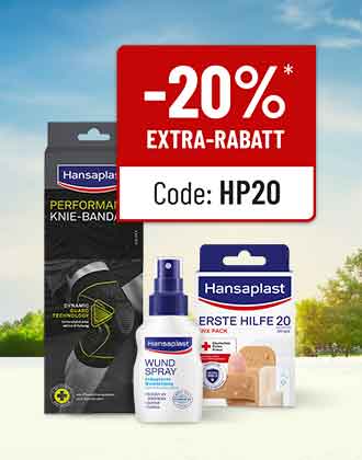 Hansaplast Produkte mit 20 % Extra-Rabatt, Code HP20, Kniebandage, Wundspray und Pflaster vor hellem Hintergrund
