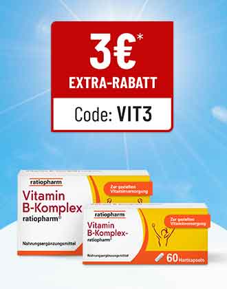 ratiopharm Vitamin B-Komplex Kapseln mit 3 € Extra-Rabatt, Code VIT3 vor blauem Hintergrund