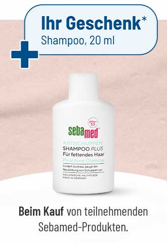Sebamed Anti-Schuppen Shampoo Plus 20 ml als Gratiszugabe beim Kauf teilnehmender Sebamed-Produkte, abgebildet als kleine weiße Shampoo-Flasche vor hellem Hintergrund mit Hinweis „Ihr Geschenk“.
