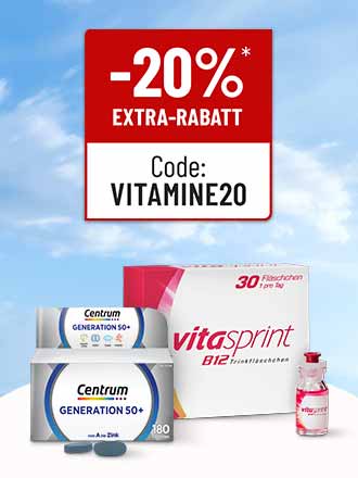 Vitamine von Centrum und Vitasprint mit 20 % Extra-Rabatt, Code VITAMINE20 vor blauem Hintergrund