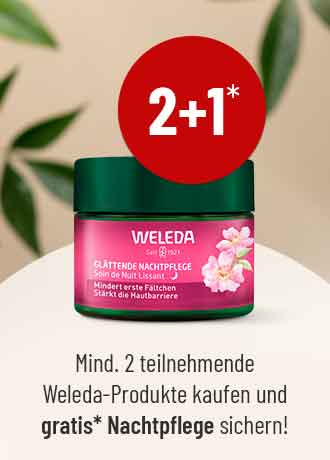 Weleda 2+1 Aktion: Glättende Nachtpflege Wildrose im pinken Tiegel. Beim Kauf von zwei Weleda Produkten gibt es die Nachtpflege gratis.