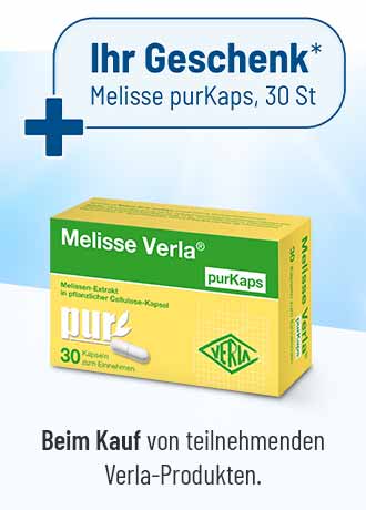 Melisse Verla purKaps als Geschenk beim Kauf teilnehmender Produkte – Verpackung der pflanzlichen Beruhigungskapseln vor blauem Hintergrund mit Hinweis auf Verla-Aktion.