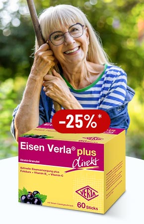 Eisen Verla plus direkt Sticks mit 25 % Rabatt*, lächelnde ältere Frau im Garten im Hintergrund
