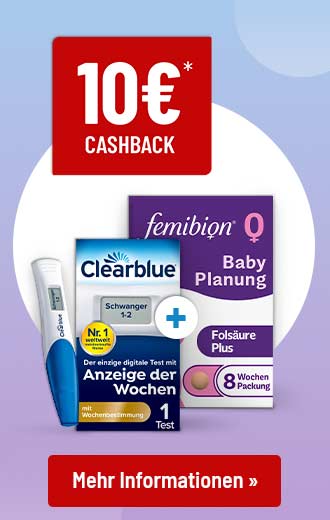 Werbung mit Clearblue Schwangerschaftstest und femibion Baby Planung Folsäure Plus Packung sowie rotem Button mit Text 'Mehr Informationen