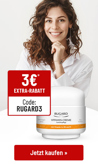 Rugard Vitamin-Creme mit 3€ Rabattcode RUGARD3, lächelnde Frau im Hintergrund, Button Jetzt kaufen