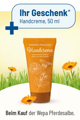 Gratis Hamamelis-Ringelblume Handcreme vor frühlingshaftem Hintergrund mit Hinweis beim Kauf der Wepa Pferdesalbe.