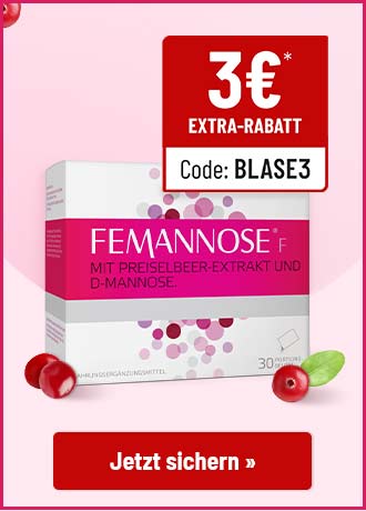 3€ Extra-Rabatt auf Femannose N mit Code BLASE3. Packung neben Preiselbeeren. Button: Jetzt sichern.