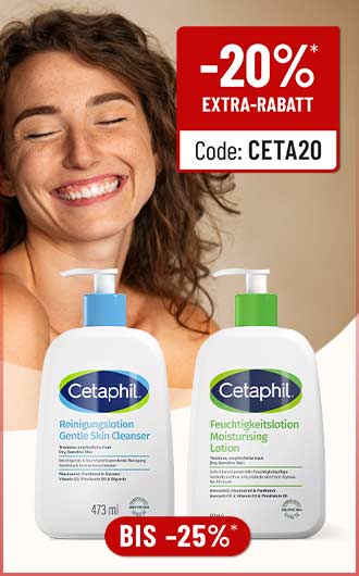 Lächelnde Frau hinter Cetaphil Reinigungs- und Feuchtigkeitslotion. -20% Extra-Rabatt mit Code CETA20.