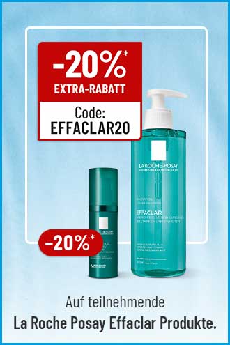 La Roche Posay Effaclar Serum & Reinigungsgel mit -20% Extra-Rabatt bei Code EFFACLAR20 auf blauem Grund.