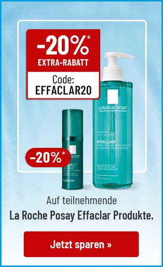 La Roche Posay Effaclar Produkte, -20% Extra-Rabatt mit Code EFFACLAR20. Roter Button: Jetzt sparen.