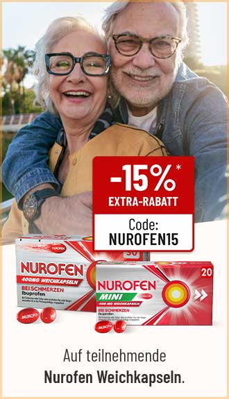 Älteres Paar lächelt über Nurofen Packungen. Text: -15% Extra-Rabatt mit Code NUROFEN15 auf teilnehmende Weichkapseln.