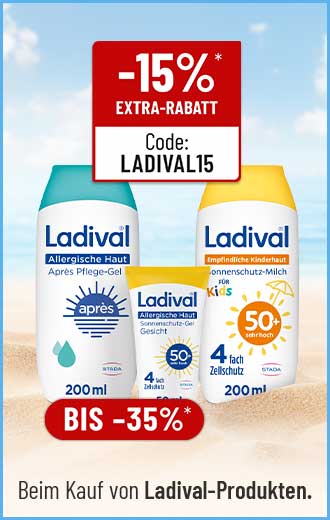 Ladival Produkte mit Rabatten und Code LADIVAL15 vor einem sommerlichen Sandstrand.