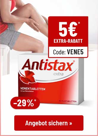 Antistax Venentabletten, -29% Rabatt, 5€ Extra-Rabatt mit Code VENE5 und Beine einer Frau. Button: Angebot sichern.