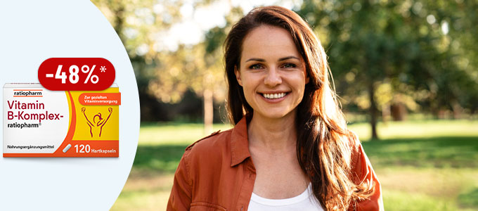 Ratiopharm Vitamin B-Komplex mit 48% Rabatt und eine lachende Frau mit dunklem Haar in der Natur. Ratiopharm Vitamin B-Komplex mit 48% Rabatt und eine lachende Frau mit dunklem Haar in der Natur.