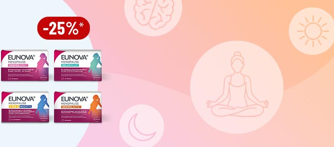 Vier Eunova Menopause Packungen, rotes Feld mit -25% Extra-Rabatt und Symbole für Yoga, Sonne und Mond. Vier Eunova Menopause Packungen, rotes Feld mit -25% Extra-Rabatt und Symbole für Yoga, Sonne und Mond.