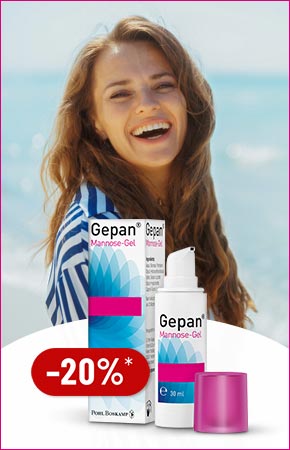 Gepan Mannose-Gel Packung und Spender vor fröhlich lachender Frau am Meer; roter Button mit -20%.