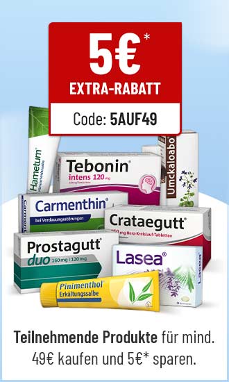 Werbeanzeige fuer Gesundheitsprodukte mit 5 Euro Extra Rabatt ab 49 Euro Einkaufswert und Code 5AUF49