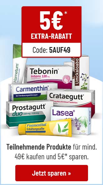 Werbeanzeige fuer Gesundheitsprodukte mit 5 Euro Extra Rabatt ab 49 Euro Einkaufswert und Schaltflaeche Jetzt sparen