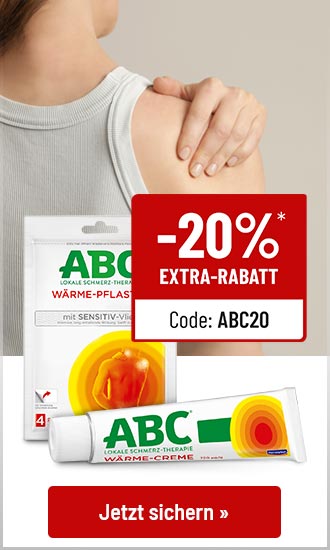 Werbeanzeige fuer ABC Waerme Pflaster und Waerme Creme mit 20 Prozent Rabatt Code ABC20 und Schaltflaeche Jetzt sichern