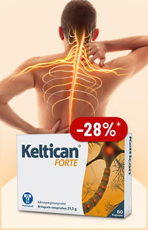 Werbeanzeige für Keltican forte mit 28 % Rabatt; Person mit hervorgehobenen Nerven entlang von Rücken und Schultern.