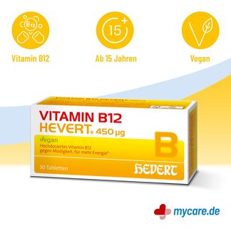Infografik Vitamin B12 Hevert 450 µg Tabletten Eigenschaften