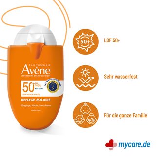 Infografik Avene Reflex Sun Emulsion 50+ Familie Vorteile
