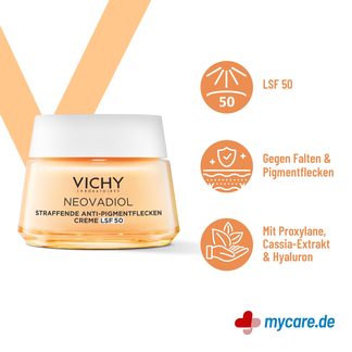 Infografik Vichy Neovadiol Straffende Anti-Pigmentflecken Creme LSF50 Eigenschaften