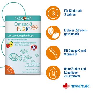 Infografik Norsan Omega-3 Fisk Jelly Dragees für Kinder Eigenschaften