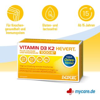 Infografik Vitamin D3 K2 Hevert plus Calcium und Magnesium 1000 IE Eigenschaften