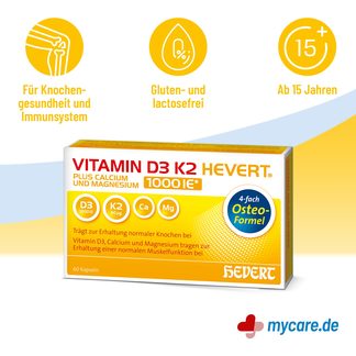 Infografik Vitamin D3 K2 Hevert plus Calcium und Magnesium 1000 IE Eigenschaften