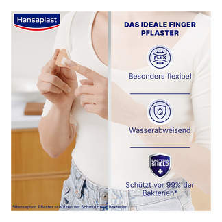 Grafik Hansaplast Elastic Fingerkuppenpflaster Besonders flexibel. Wasserabweisend. Schützt vor 99% der Bakterien*.
