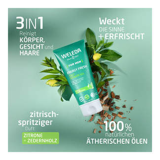 Grafik Weleda FOR MEN Energy Fresh 3in1 Duschgel 3-in-1: Reinigt Körper, Geischt und Haare. Mit zitrisch-spritziger Duft. 100% natürl. ätherische Öle.