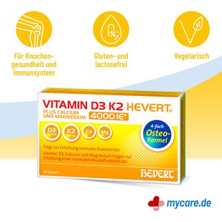 Infografik Vitamin D3 K2 Hevert plus 4000 IE* Kapseln Eigenschaften