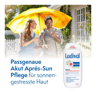 Grafik Ladival Akut Après-Pflege Beruhigungs-Fluid Passgenaue Akut Apres-Sun Pflege für sonnengestresste Haut