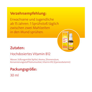 Grafik Vitamin B12 Hevert Direkt-Spray Verzehrsempfehlung und Zutaten