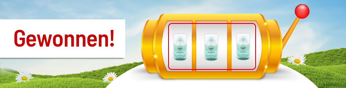 Schriftzug „Gewonnen!“ neben goldener Slotmaschine mit drei Eucerin Gesichts-Tonics vor Wiesen- und Blumenhintergrund