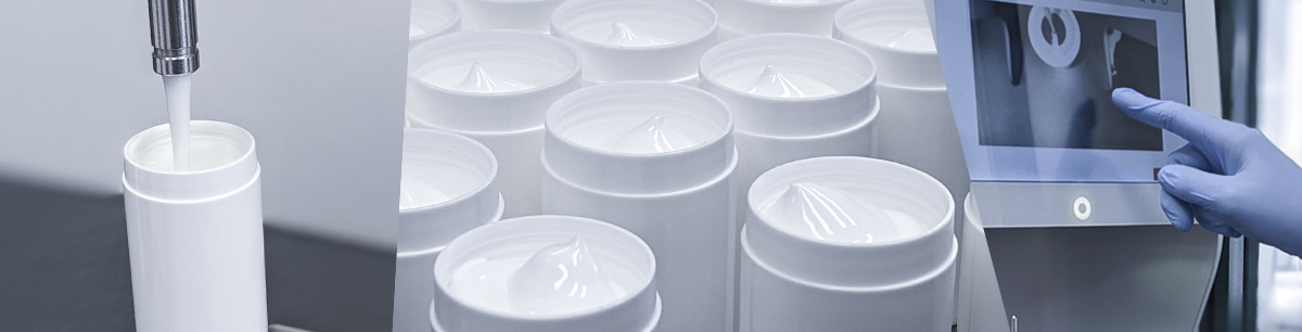 Fotocollage für den Einblick in das mycare Apothekenlabor: Abfüllanlage für Cremes und technischer Geräte im Bereich der Hormontherapie