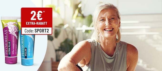 Physiorelax Ultra Plus & Polar Tuben mit 2€ Extra-Rabatt bei Code SPORT2 und eine lachende, aktive Seniorin. Physiorelax Ultra Plus & Polar Tuben mit 2€ Extra-Rabatt bei Code SPORT2 und eine lachende, aktive Seniorin.